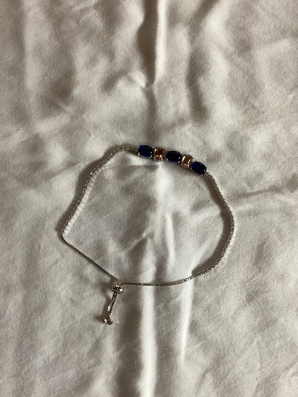 Silver Adjustable Bracelet with Blue and Gold Beads